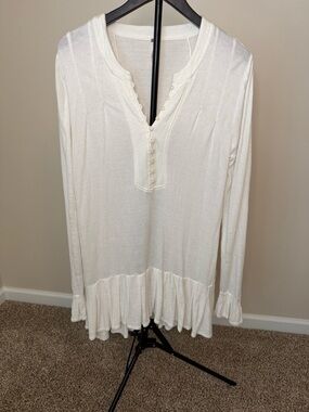 Free People Cream Ruffle-Hem Henley Tunic Long Sleeve Dress